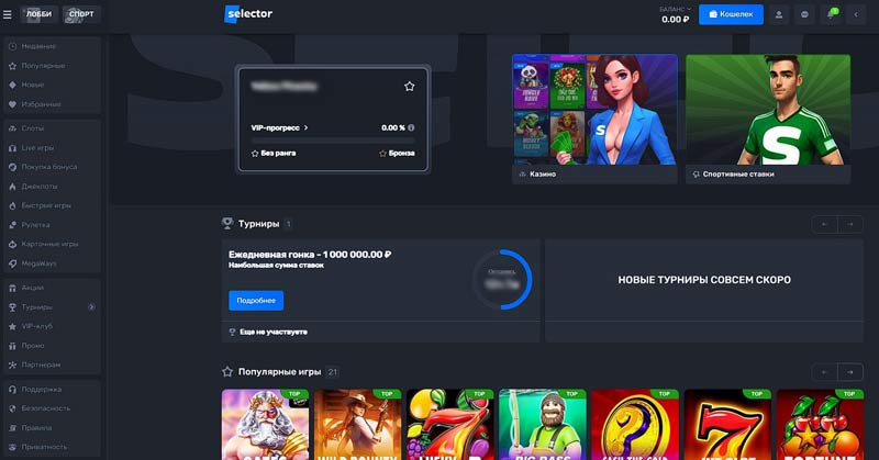 Оформление казино Selector на ПК